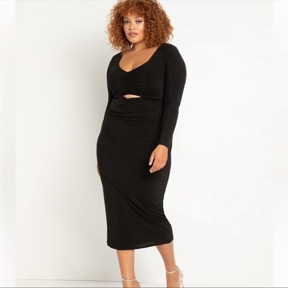 Eloquii Solid Black Lurex long sleeve stretchy dress with cut out - Picture 1 of 10